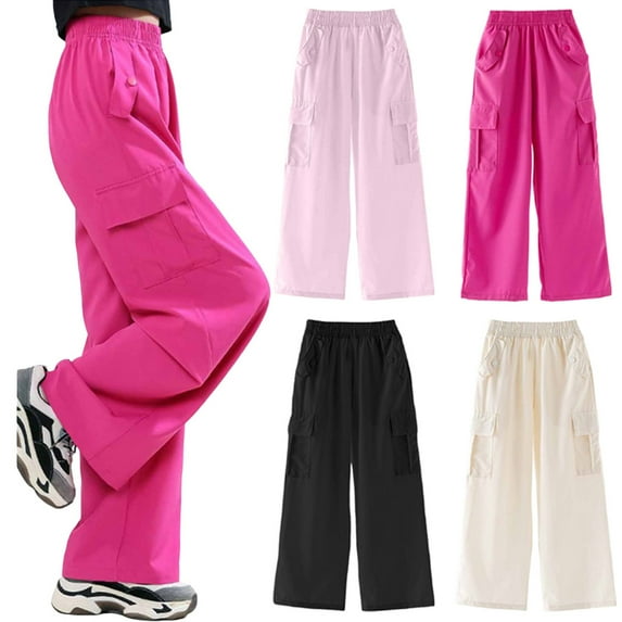 Pandaie Girls Parachute Cargo Pants Elastic High Waist Drawstring Jogger Trousers Casual Loose Aesthetic Streetwear Sweatpants Beige 10-12 Years