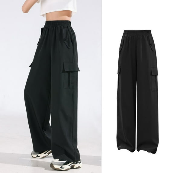 Pandaie Girls Parachute Cargo Pants Elastic High Waist Drawstring Jogger Trousers Casual Loose Aesthetic Streetwear Sweatpants Black 9-10 Years