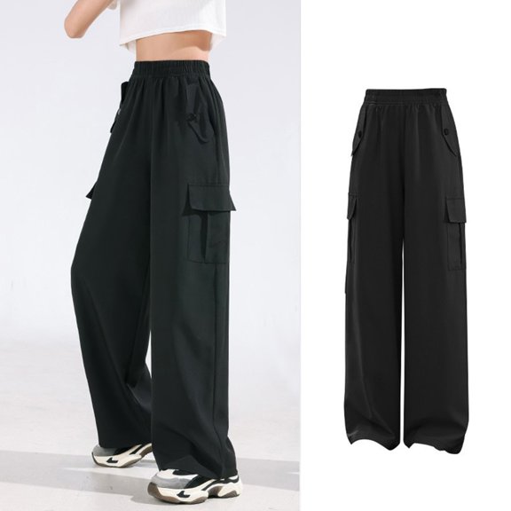 Pandaie Girls Parachute Cargo Pants Elastic High Waist Drawstring Jogger Trousers Casual Loose Aesthetic Streetwear Sweatpants Black 9-10 Years