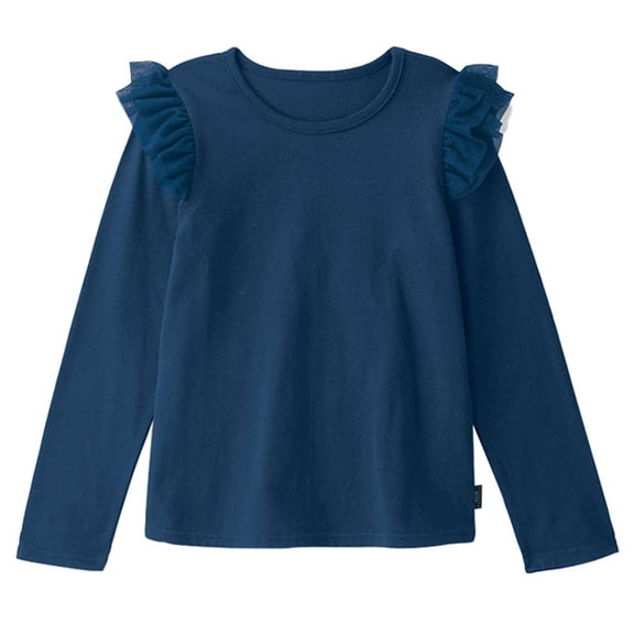 Pandaie Girls Ruffle Long Sleeve Shirts Kids Crew Neck Ribbed Casual Blouse Toddler Basic Tee Tops Trendy Fall Winter Clothes Navy 2-3T