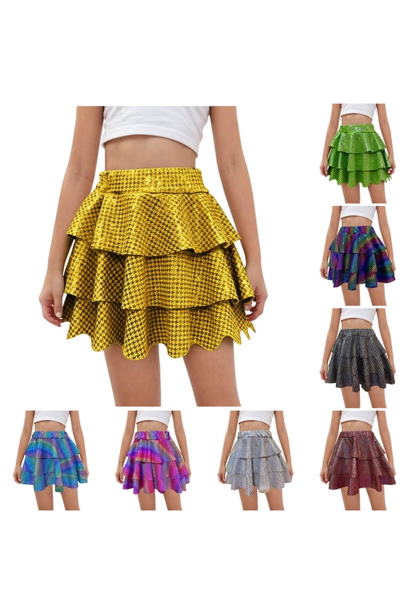Girls' Sparkle Metallic Skirts Layers Ruffle Sequin Tutu Dance Skort High Waist Athletic Activewear for Kids Performance Black 13-14T
