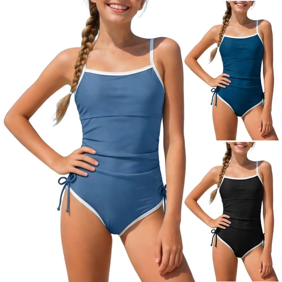 Pandaie Girls Swimsuit One Piece Bathing Suit Color Block Strap Swimwear Side Bowknot Drawstring Swimsuits for Teens with Padded 11-12 Years Black