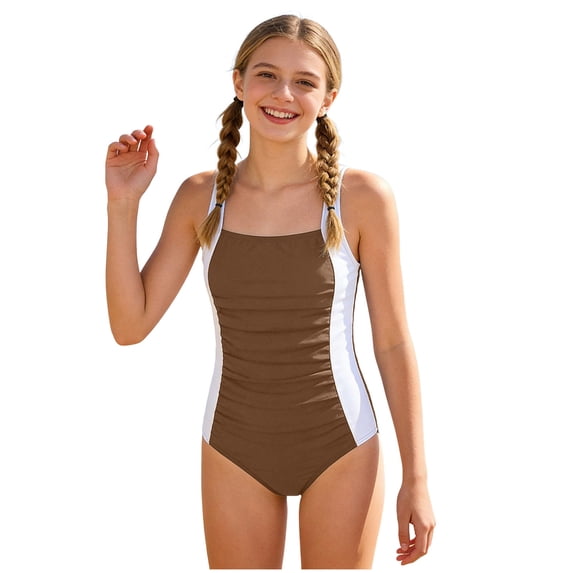 Pandaie Girls Swimsuit One Piece Swimsuits Color Block Ribbed Ruched Bathing Suit Sleeveless Quick Drying Padded Swimwear for Summer Beach Vacation 11-12 Years Coffee