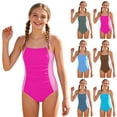 thumbnail image 1 of Pandaie Girls Swimsuit One Piece Swimsuits Color Block Ribbed Ruched Bathing Suit Sleeveless Quick Drying Padded Swimwear for Summer Beach Vacation 9-10 Years Blue, 1 of 6