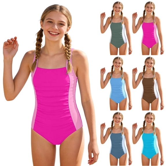 Pandaie Girls Swimsuit One Piece Swimsuits Color Block Ribbed Ruched Bathing Suit Sleeveless Quick Drying Padded Swimwear for Summer Beach Vacation 9-10 Years Blue