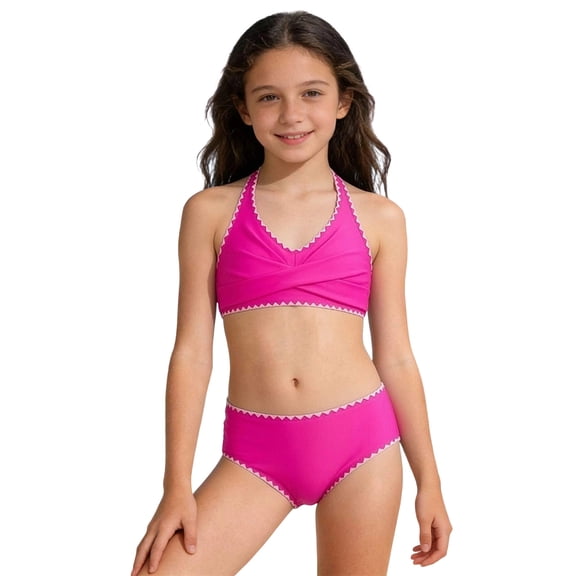 Pandaie Girls Swimsuit Teen Crisscross Tie Back Bikini Sets Two Piece Bathing Suit Kids Comfortable Summer Swimwear 15-16 T,Hot Pink