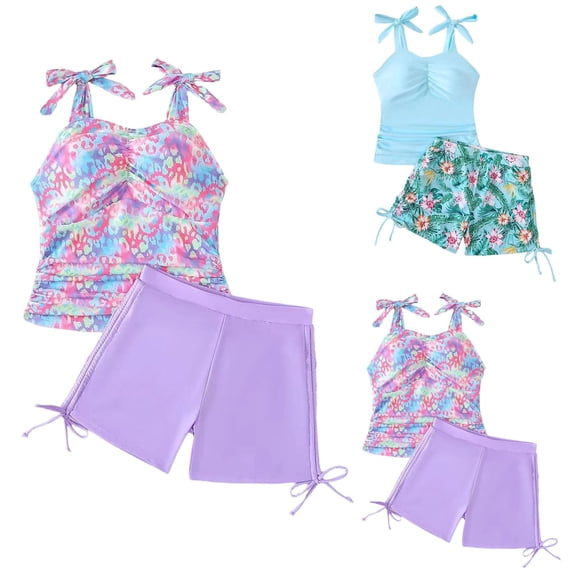 Pandaie Girls Tankini Swimsuit Floral Print Bathing Suit with Drawstring Shorts Little Kid 2 Piece Summer Beach Vacation Swimwear Light Blue 11-12 Years