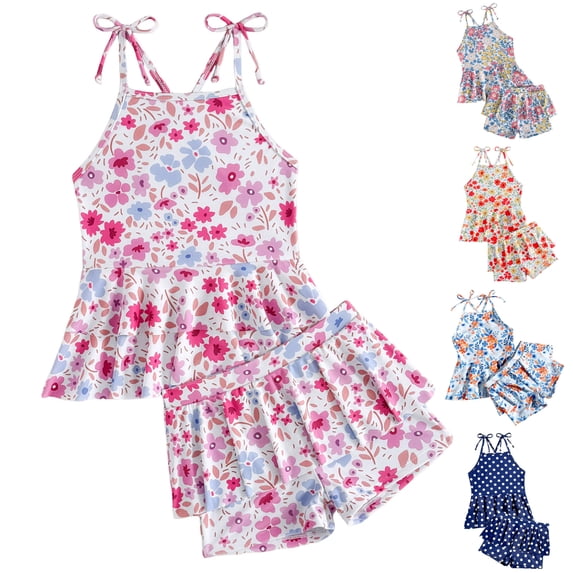 Pandaie Girls Tankini Swimsuit Flower Print Criss Cross Strap Bathing Suits Summer Beach Two Piece Swimwear with Shorts 3-4 Years Blue