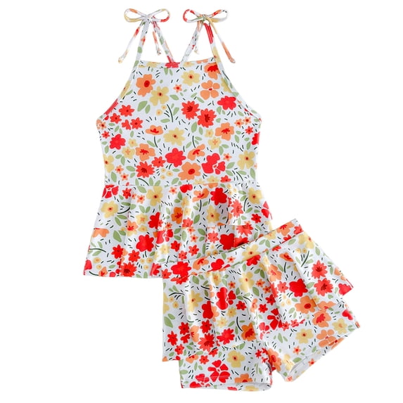 Pandaie Girls Tankini Swimsuit Flower Print Criss Cross Strap Bathing Suits Summer Beach Two Piece Swimwear with Shorts 4-5 Years Orange