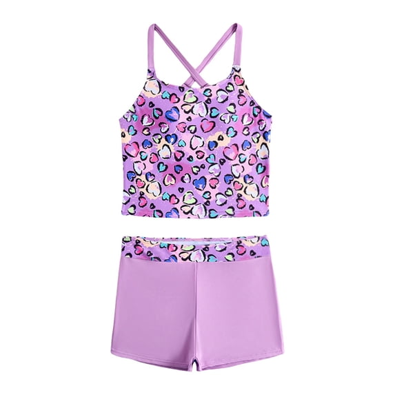 Pandaie Girls Tankini Swimsuit Two Piece Crooss Straps Back Bathing Suits Summer Beach Kids Rash Guard Swimwear Set 9-10 Years Purple