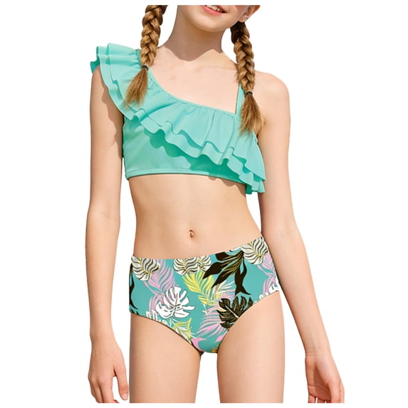 Pandaie Girls Two Piece Swimsuits Ruffle One Shoulder Kids Bikini Sets High Waisted Bathing Suits Floral Print Vacation Beach Swimwear 9-10 Years Mint Green