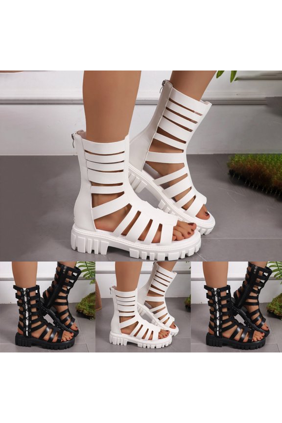 Gladiator Platform Sandals for Women Open Toe Strappy Dressy Summer Shoes Cutout Ankle Boots with Back Zipper (Black,9)