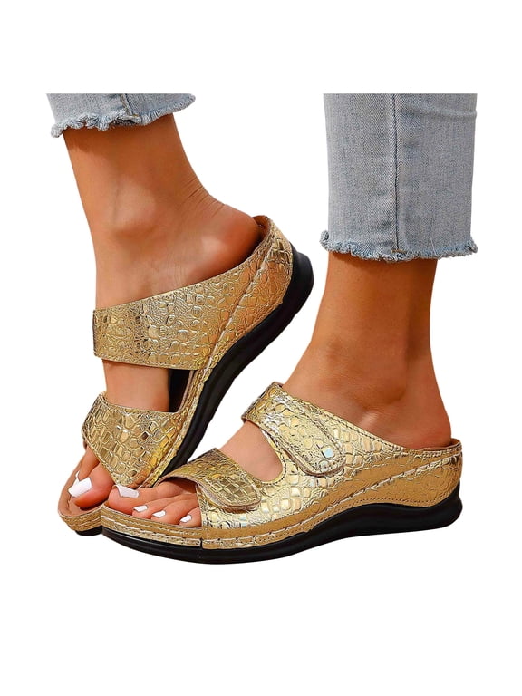 Glitter Sandals Womens with Hook and Loops Open Toe Orthopedic Wedge Slides Arch Support Casual Outdoor Shoes Size 6-10
