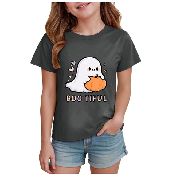 Pandaie Halloween Clothes for Teen Girls Simple Pattern Short Sleeve Shirts Tops Toddler Kid Boys Basic Festival Wear Black,9-10 Years