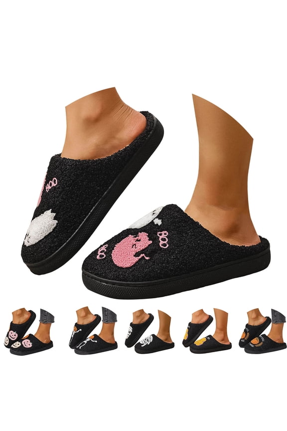 Halloween Slippers for Women Men Spooky Skull Pumpkin Cute House Shoes Memory Foam Slip on Winter Slides Black 6