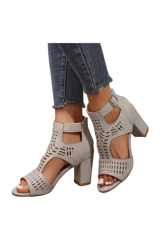 Heeled Sandals for Women Open Toe Chunky Heels Ankle Booties Bohemian Cutout Wedge Summer Dressy Pumps Shoes with Ankle Buckles Light Gray Size 9.5