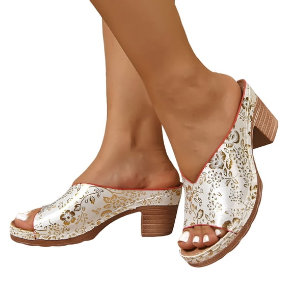 Pandaie Heeled Sandals for Women 2026 Fashion Open Toe Low Block Heels Mules Leather Slip on Dress Casual Pumps Summer Backless Clogs White Size 6.5