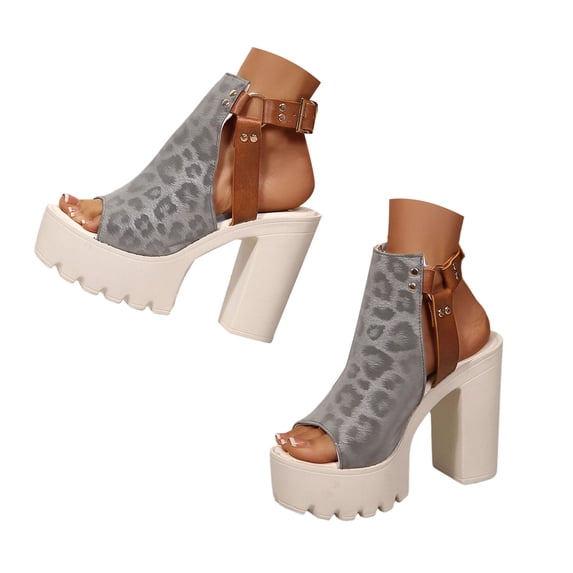 Pandaie High Heels for Women Ankle Buckle Strap Slingback Platform Heeled Sandals 4.33 Inch Leopard Print Ladies Dressy Pumps (Grey,7.5)