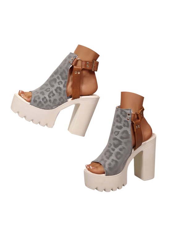 High Heels for Women Ankle Buckle Strap Slingback Platform Heeled Sandals 4.33 Inch Leopard Print Ladies Dressy Pumps (Grey,8.5)