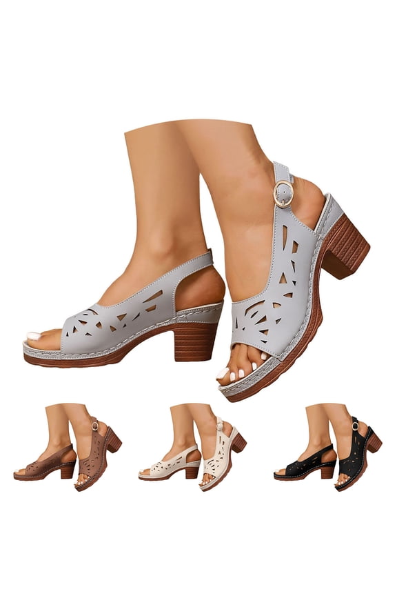 Hollow out Chunky Heel Sandals for Women Orthopedic Wedge Dressy Sandal Buckles Slingback Slip on Summer Pumps Shoes Beige Size 6