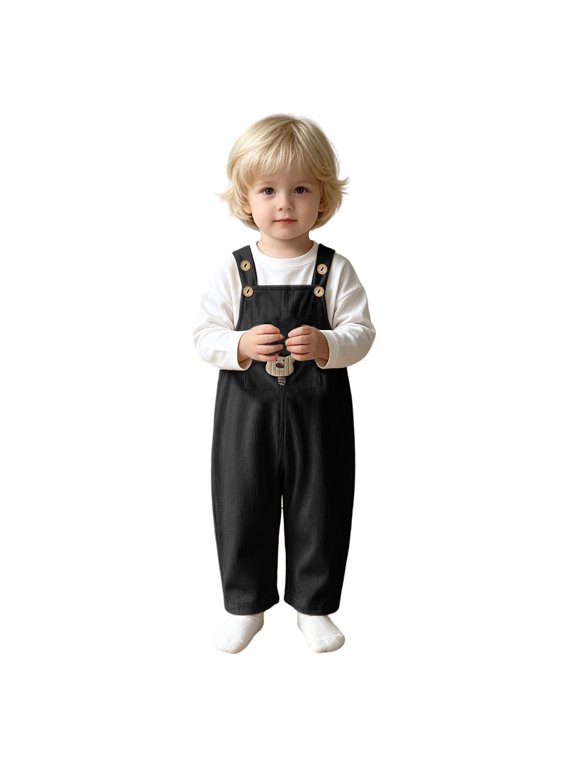 Infant Baby Boy Girl Corduroy Overalls Romper Adjustable Button Suspender Pants Outfit Cute Bear Embroidery Clothes Black,18-24 Months