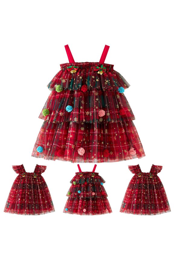 Infant Baby Girl Christmas Outfit Star Flower Xmas Tulle Tutu Dress A-Line Layered Kid Fall Winter Clothes Gifts for Holiday Party Red 7-8T