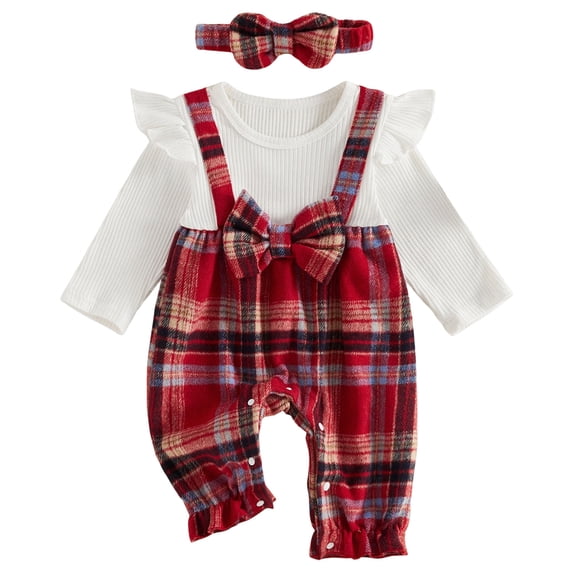 Pandaie Infant Baby Girls Plaid Suspender Romper Set Ruffle Long Sleeve Ribbed Bodysuit Bow Headband Holiday Photo Shoot Daily Casual Outfits Wine,3-6 Months
