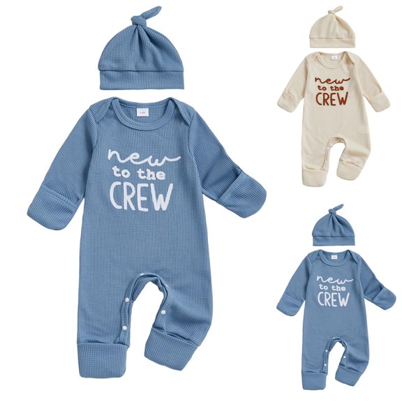 Pandaie Infant Boys Girls Clothes Set Newborn Baby Romper Hat Ribbed Knit Long Sleeve Button Solid Bodysuit Jumpsuit Beige 3-6 Months