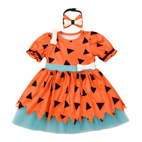 Pandaie Infant Cave Print Short Sleeve Tutu Dress Bone Decor Headband Light Fabric for Halloween Photo Occasions Orange,3-4 Years
