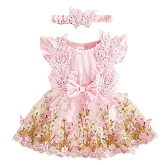 Pandaie Infant Newborn Baby Girl Lace Romper Dress Toddler Floral Summer Outfits Ruffle Sleeveless Princess Jumpsuit Clothes with Headband 3-18M