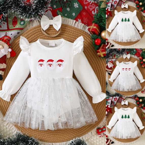 Pandaie Infant Newborn Baby Girl Romper White Lace Tulled Dress Christmas Fall Winter Outfits Santa Xmas Tree Clothes with Bow Headband Beige,6-12 Months