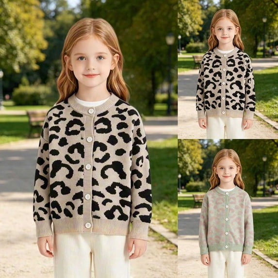 Pandaie Kid Girls Leopard Knit Cardigan Round Neck Button Front Jacket Toddler Fall Layering Wear Sweater Beige,3-4 Years