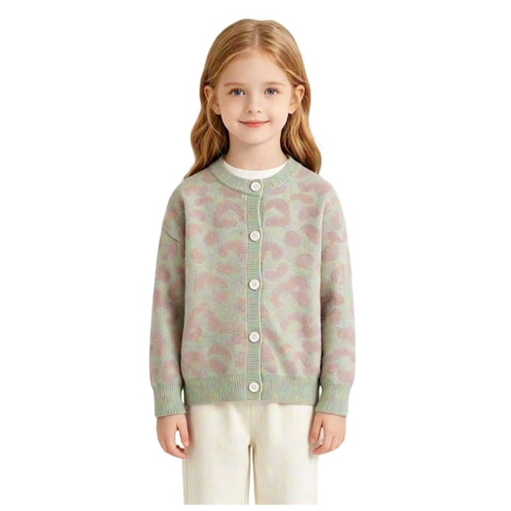 Pandaie Kid Girls Leopard Knit Cardigan Round Neck Button Front Jacket Toddler Fall Layering Wear Sweater Light Green,7-8 Years