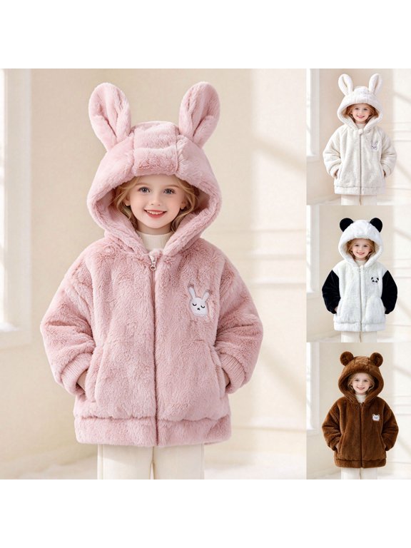 Kids 3D Animal Ear Fuzzy Fleece Zip Up Hooded Jacket Cartoon Embroidery Winter Outer Coat Black,7-8 Years