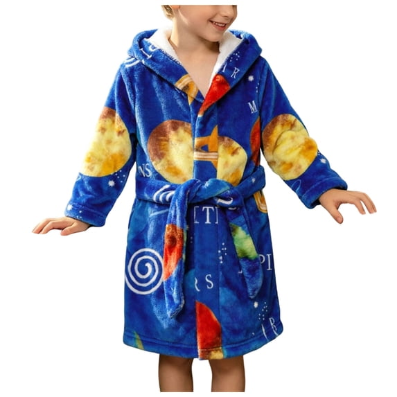 Pandaie Kids All‑Over Print Fleece Tie Hooded Bath Robe Boys Girls Bathrobes 4T 5T 6T 7T Plush Soft Coral Sleepwear Blue,6-7Years