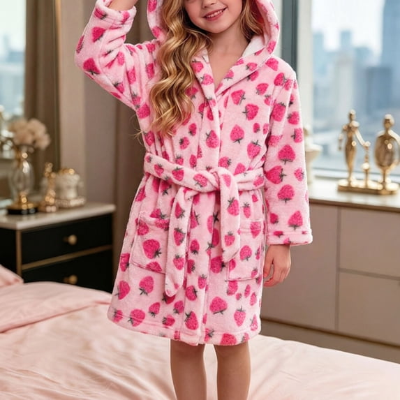 Pandaie Kids All‑Over Print Fleece Tie Hooded Bath Robe Boys Girls Bathrobes 4T 5T 6T 7T Plush Soft Coral Sleepwear Pink,2-3Years