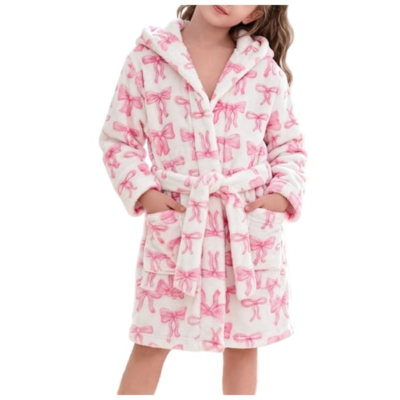 Pandaie Kids All‑Over Print Fleece Tie Hooded Bath Robe Boys Girls Bathrobes 4T 5T 6T 7T Plush Soft Coral Sleepwear Pink,6-7Years
