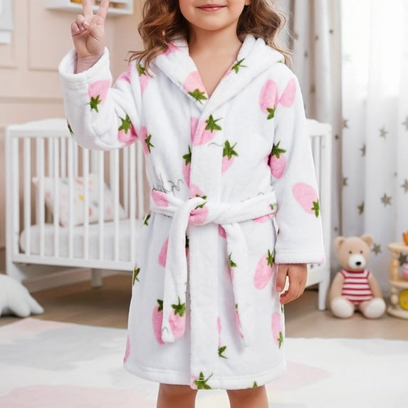 Pandaie Kids All‑Over Print Fleece Tie Hooded Bath Robe Boys Girls Bathrobes 4T 5T 6T 7T Plush Soft Coral Sleepwear White,3-4Years