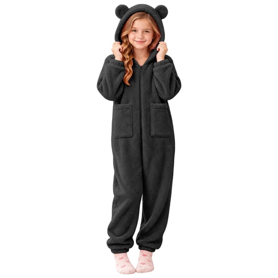 Pandaie Kids Bear Ear Fleece Hooded Full Zip Jumpsuit Two Side Pockets ...
