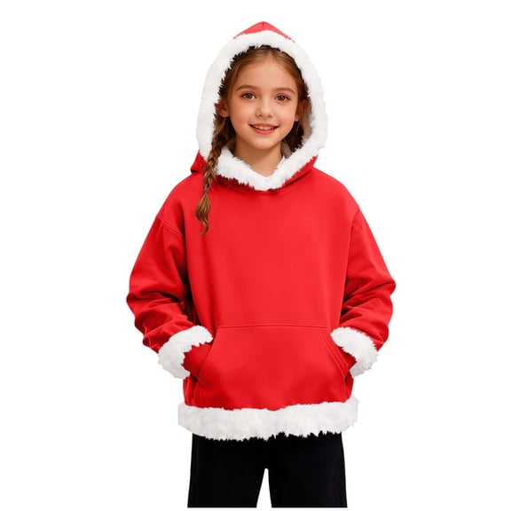 Pandaie Kids Boys Girls Hoods Sweatshirts Toddler Fleece Lined Christmas Santa Hoodies Winter Furry Pullover Xmas‌with Pocket Red 10-11T