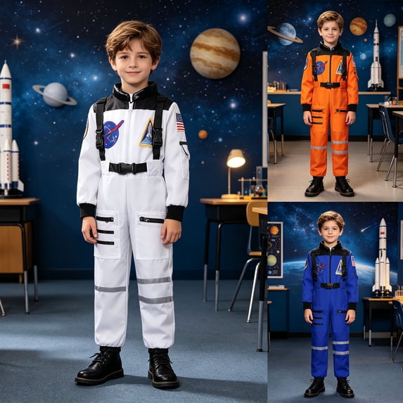 Pandaie Kids Boys Girls Space Astronaut Costume Suit Long Sleeve Zipper Jumpsuit for Halloween Cosplay Holiday Present Blue,8-9 Years