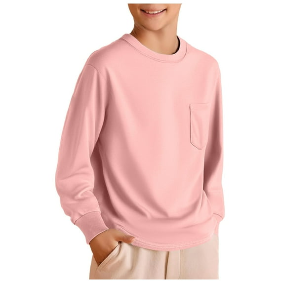 Pandaie Kids Boys Long Sleeve T Shirts Crewneck Casual Tops Teen Fashion Basic Tee Clothes with Chest Pocket Pink 9-10 Years