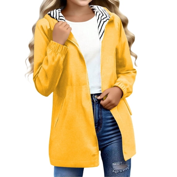 Pandaie Kids Girl Hooded Raincoat Lightweight Fit Plus Size Waterproof Dressy Zip up Rain Jacket Windbreaker with Pockets Yellow,13-14 Years