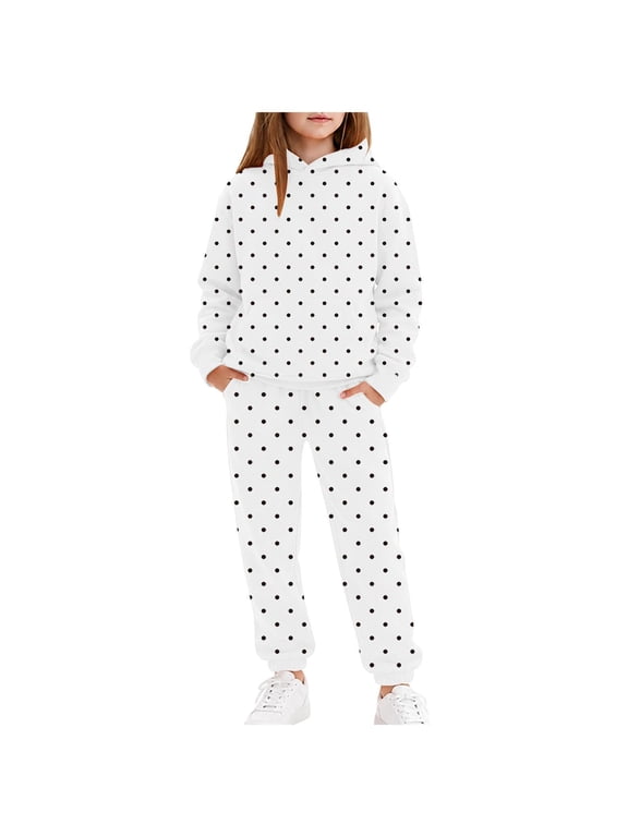 Kids Girls All Over Polka Dot Hooded 2 Pcs Set Kangaroo Pocket Sweatshirt and Cuffed Jogger Pants Outfit White,10-11 Years