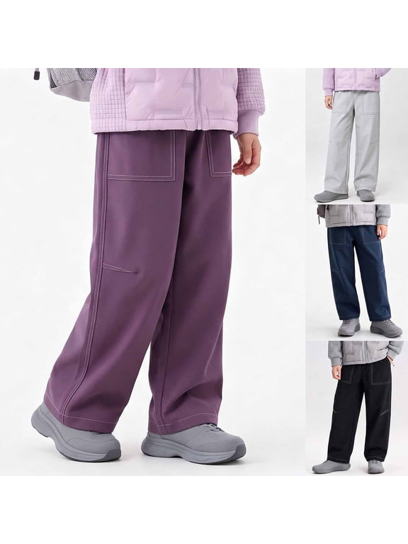 Kids Outdoor Soft Shell Wide Leg Pants Contrast Stitch Cargo Pocket Windproof Casual Bottoms for Fall Winter Black,13-14 Years