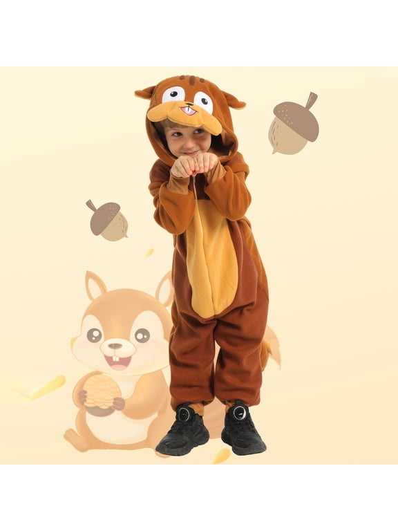 Kids Squirrel Fleece Hooded Zip Up Jumpsuit 3D Animal Face Hood with Tail Boys Girls Loungewear Clothes Brown,10-12Years