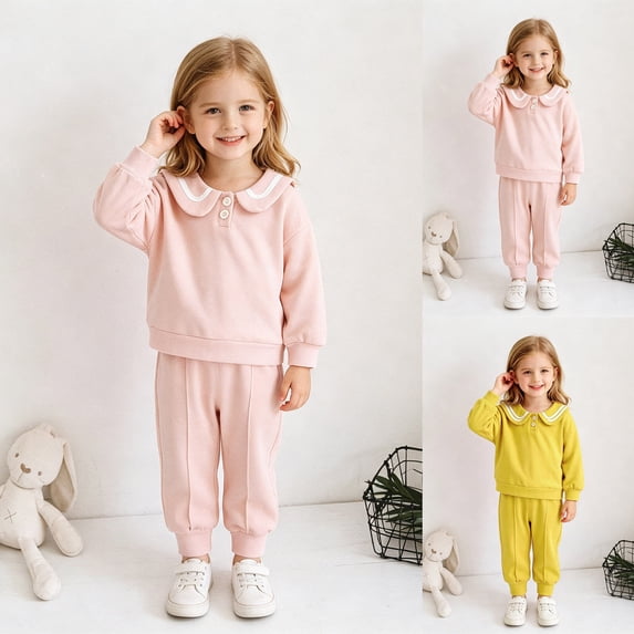 Pandaie Kids Sweatsuit Set Sailor Collar Long Sleeve Top Matching Seamed Front Cuff Jogger Pants Soft Knit Casual Playwear Pink,2-3 Years