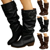 Pandaie Knee High Boots Women Chunky Low Heel Slouchy Fall Winter Long Boots Leather Wide Calf Buckle Motorcycle Riding Shoes Black 6.5