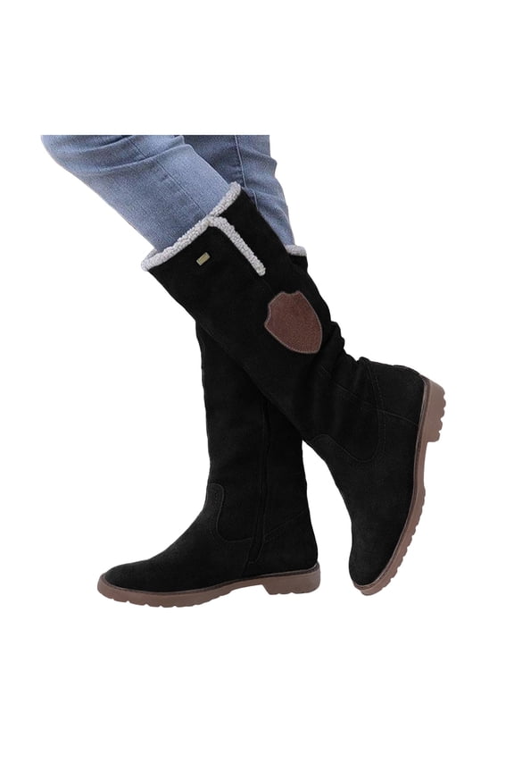 Knee High Boots Women Fleece Lined Winter Snow Boots Suede Flat Heel Pull on Walking Long Tall Boot for Cold Weather Black 5.5