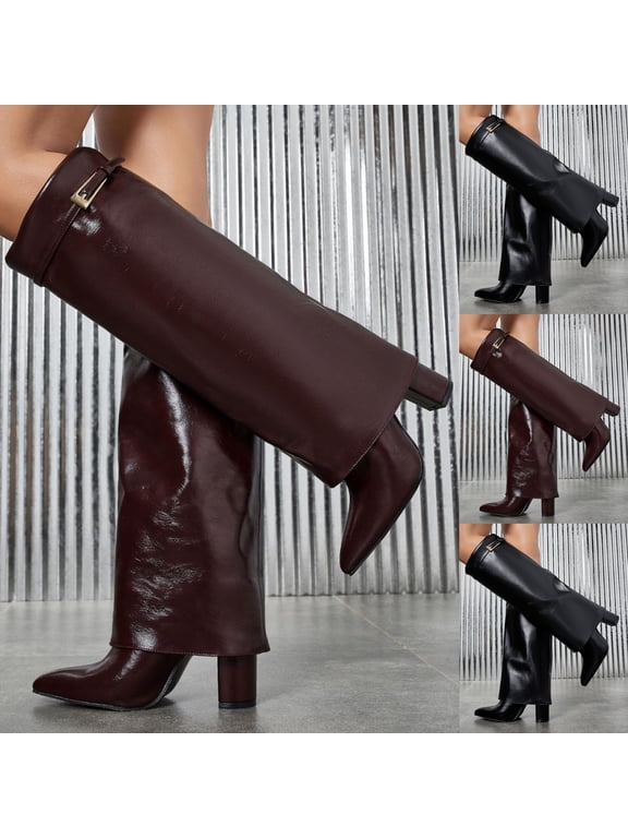 Knee High Boots Women Fold Over Chunky Heel Pointed Toe Fashion Slouchy Tall Shark Boot Size 5.5-9.5